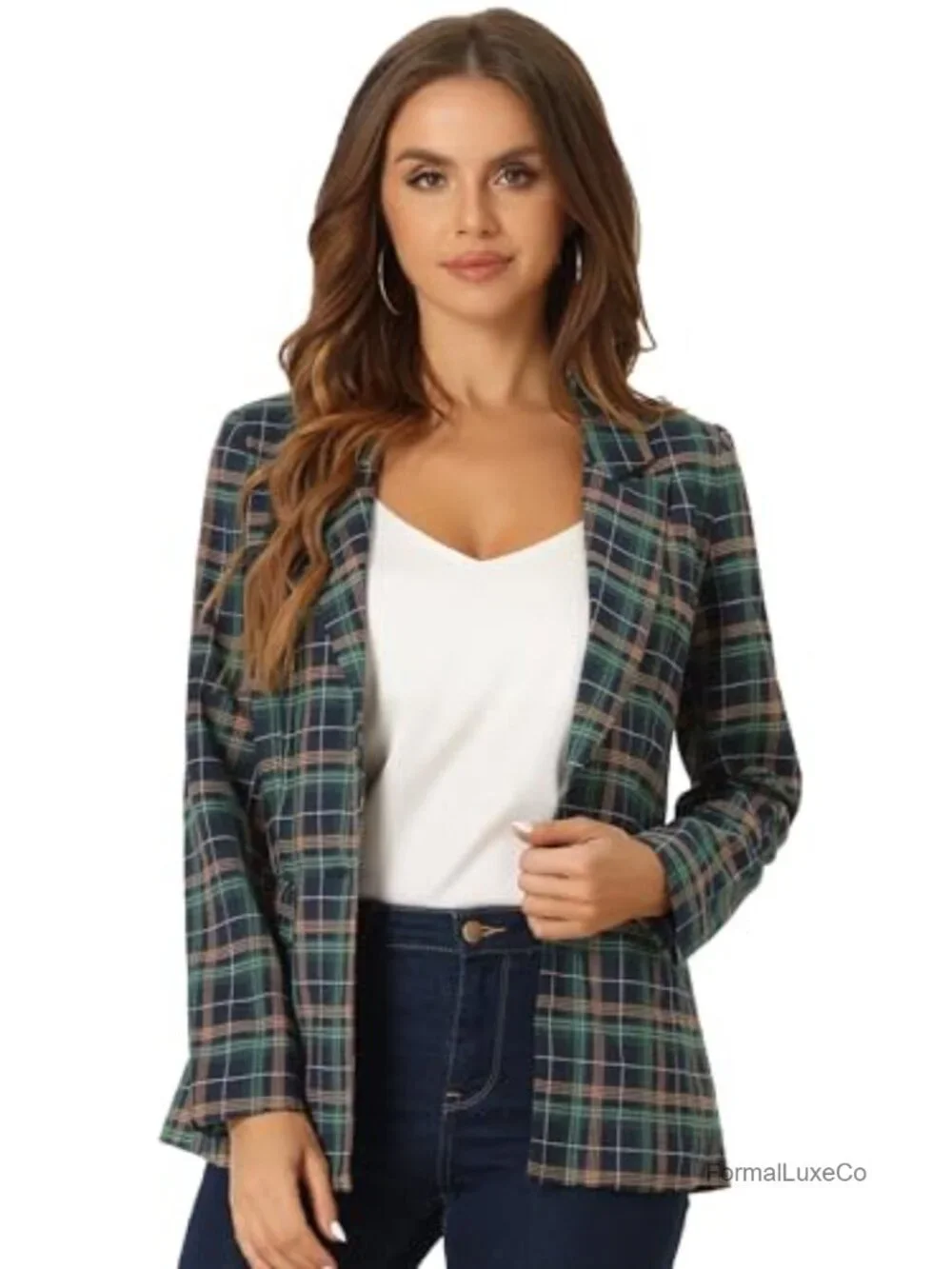 Plaid Houndstooth Blazer Work Casual Suit Jacket One Button